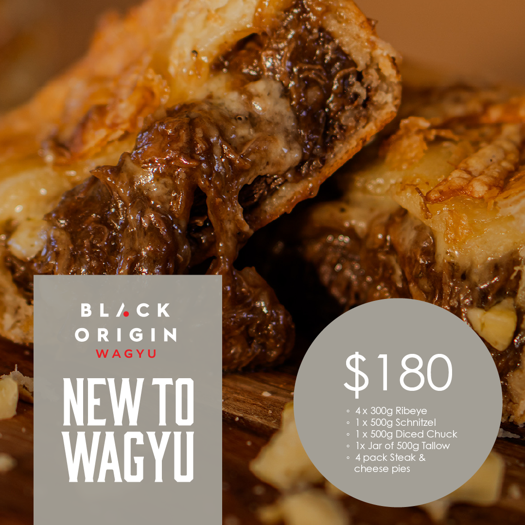 Close-up of a wagyu beef cut with promotional text overlay on a brown background