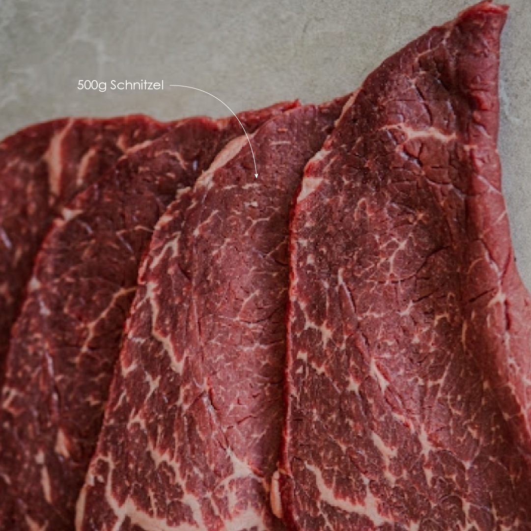 Close-up of raw beef schnitzel with visible marbling on a gray background.