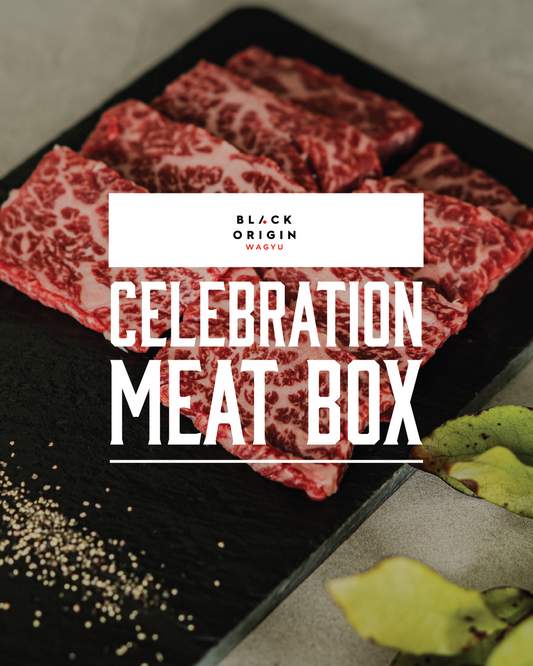 Meat dish with text 'Black Origin Wagyu Celebration Meat Box' overlay.